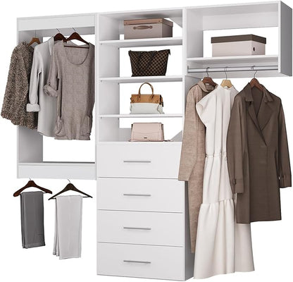 ROOMTEC Modular Closet System, 84" Wall Mounted Closet Organizer with Hanging Rods and Drawers, Modern Wooden Tower for Walk-In Closets, Wardrobe Storage Kit, White
