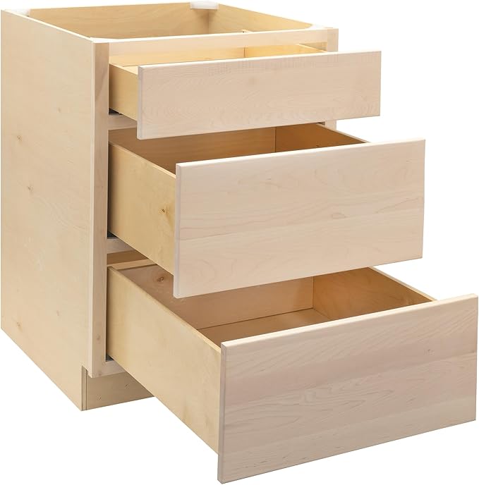 Quicklock RTA (Ready-to-Assemble) | Base Kitchen Cabinets - Shaker Style | Made in America (Raw Maple, 24" W x 34.5" H x 24" D 3 Drawer Pots and Pans)