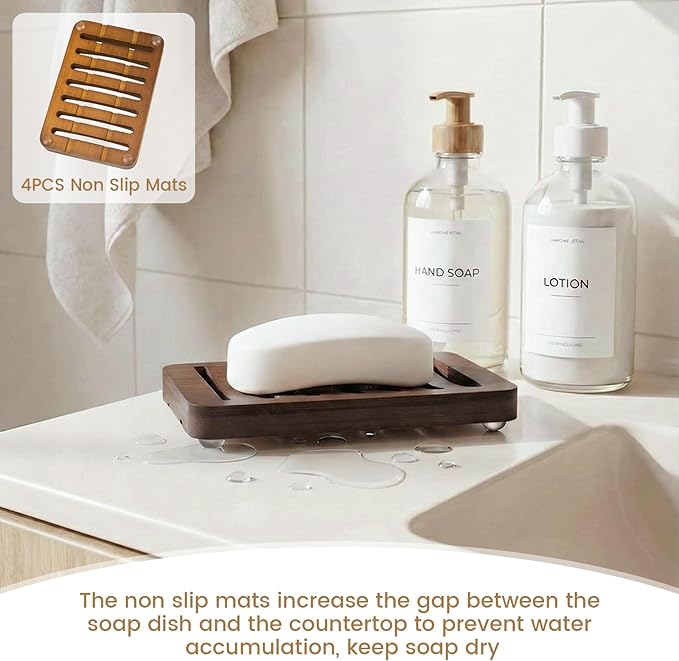 Slotted Bar Wood Soap Dish Self Draining, Wooden Sponge Holder, 1 Pack Curved Slotted Bamboo Soap Dish with Drainage for Shower, Bathroom, Kitchen, Sink, Travel, Packed in A Box (Dark Brown)