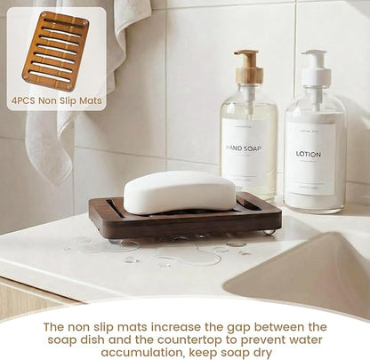 Slotted Bar Wood Soap Dish Self Draining, Wooden Sponge Holder, 1 Pack Curved Slotted Bamboo Soap Dish with Drainage for Shower, Bathroom, Kitchen, Sink, Travel, Packed in A Box (Dark Brown)