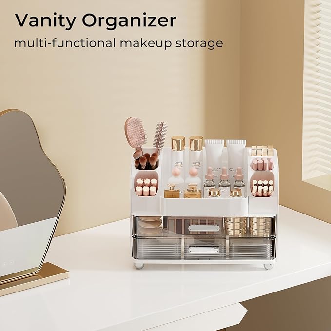 Makeup Organizer for Vanity with 2 Large Drawers, Cosmetic Display Case with Brush Holders, Easy to Storage for Bathroom Countertop Skincare, Perfume, White