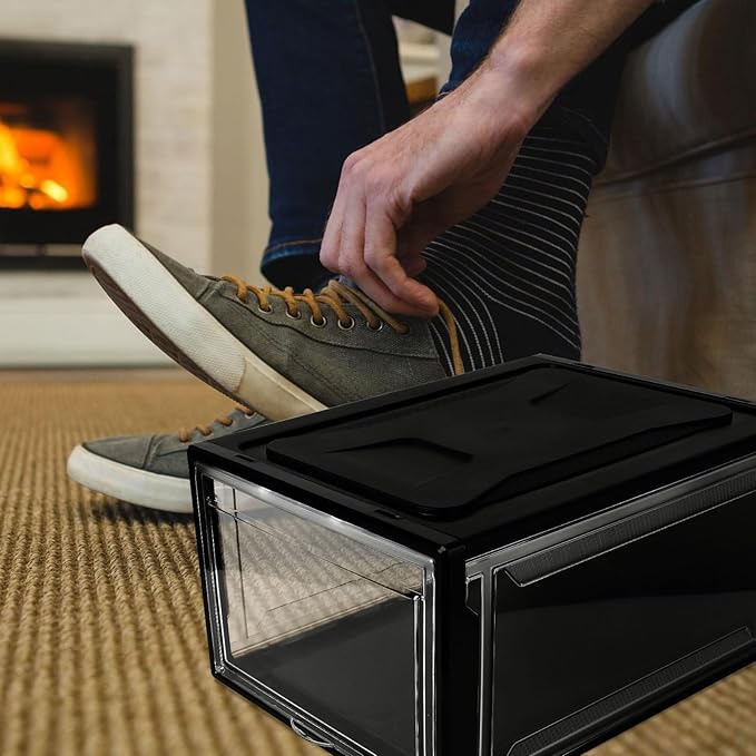 Happyyami Large Sneaker Storage Box with Clamshell Lid, Stackable Shoe Organizer Case for Men and Women, Black Snap Closure Display Shoe Cabinet for Home Closet