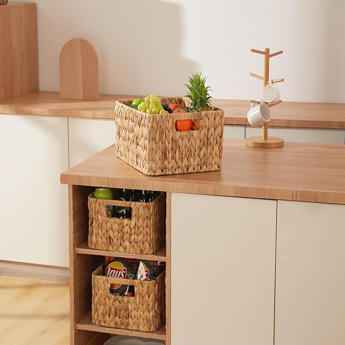 Wicker Storage Basket, 3 Pack Hand-Knitted Wicker Baskets, Water Hyacinth Storage Baskets with Built-in Handles
