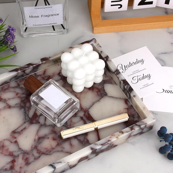 Marble Bathroom Vanity Tray, Natural Luxury Vanity Home Kitchen Bathroom Table Tray, Stone Decorative Countertop Dresser Trays for Key Coffee Perfume Jewelry Makeup (Calacatta Viola, 12"x 8" x1.2")