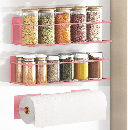 Magnetic Spice Rack For Refrigerator, Space Saving Magnetic Shelf For Fridge Pink 2 Pack With Magnetic Paper Towel Holder