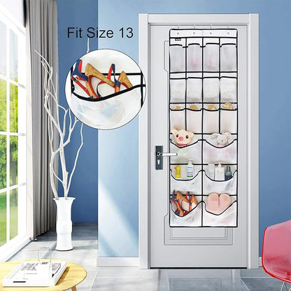 2 Pack Extra Large Hanging Over Door Shoe Organizers, 12 Mesh Pockets + 6 Large Mesh Storage Various Compartments with 8 Hooks Shoes Holder for Closet Bedroom, White (59 x 21.6 inch)