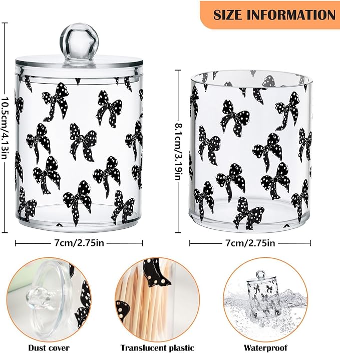 ALAZA 2pcs Black White Bow Polka Dots Qtip Holder Dispenser 14 oz Bathroom Storage Clear Apothecary Jars Containers Cotton Ball,Cotton Rounds,Floss Picks, Hair Clips, Food