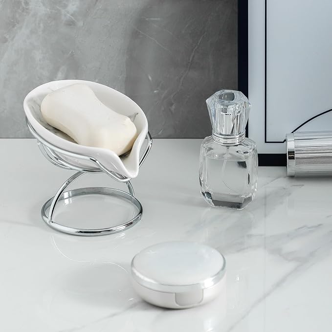 Dobbyby Leaf-Shaped Soap Dish – Premium Ceramic Soap Bar Holder with Self-Drainage System – Bar Soap Holder for Shower, Bathroom Sink, Kitchen – Waterfall Soap Dish with Stainless Steel Stand (SLIVER)