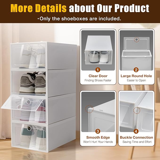 20/24 Psc Foldable Shoe Organizer Box White,Space Saving Plastic Shoe Boxes Shoe Storage Box, Easy Installation Shoes Organizer Display Boxes Rack Home Organizer for Sneaker Books (24Psc)