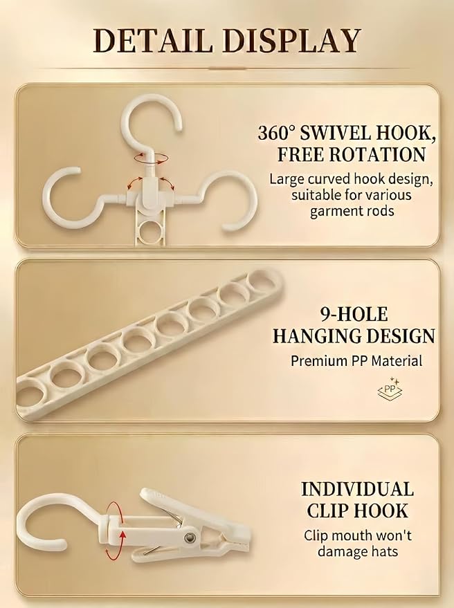 9-Hook Wall Mounted Hat Organizer for Closet Horizontal & Vertical Hat Rack with Clips Space Saving Cap Holder for Baseball Caps & Accessories