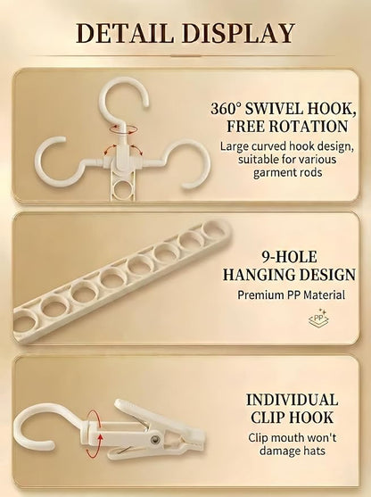 9-Hook Wall Mounted Hat Organizer for Closet Horizontal & Vertical Hat Rack with Clips Space Saving Cap Holder for Baseball Caps & Accessories