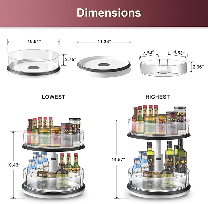 Ynelyase 2 Tier Lazy Susan Organizer Clear Turntable for Cabinet Bathroom Countertop and Pantry with Large Spice Rack (11 Inch, White)