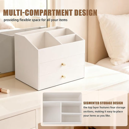Homeanda Makeup Organizer with Drawers, PU Leather Cosmetic Storage Box Large Cosmetic Display Case for Skincare, Lipstick, Brushes, Bedroom Storage(White)