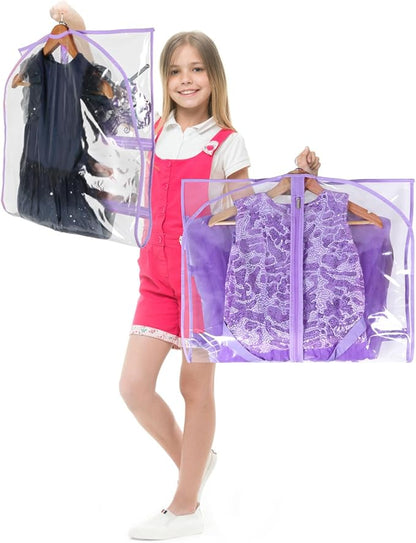 Clear Garment Bags for Dance Costumes, 40” Dance Garment Bags for Dancers, Kids Garment Bag for Dance Competitions with 3 Zipper Pockets, Garment Bags for Hanging Clothes, 6 Pack, Purple