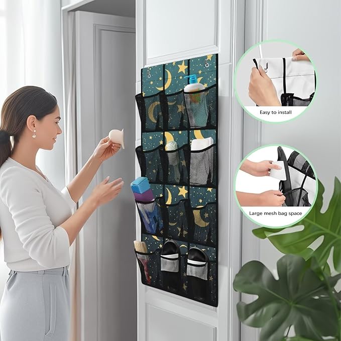 Extra Large 12-Pocket Storage Hanging Bag for Behind The Door, Heavy Duty Oxford Fabric, Waterproof Lightweight and Space-Saving Organizer for Home Use, Moon and Stars