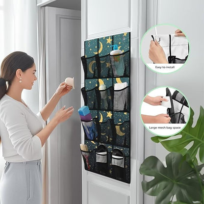 Extra Large 12-Pocket Storage Hanging Bag for Behind The Door, Heavy Duty Oxford Fabric, Waterproof Lightweight and Space-Saving Organizer for Home Use, Moon and Stars