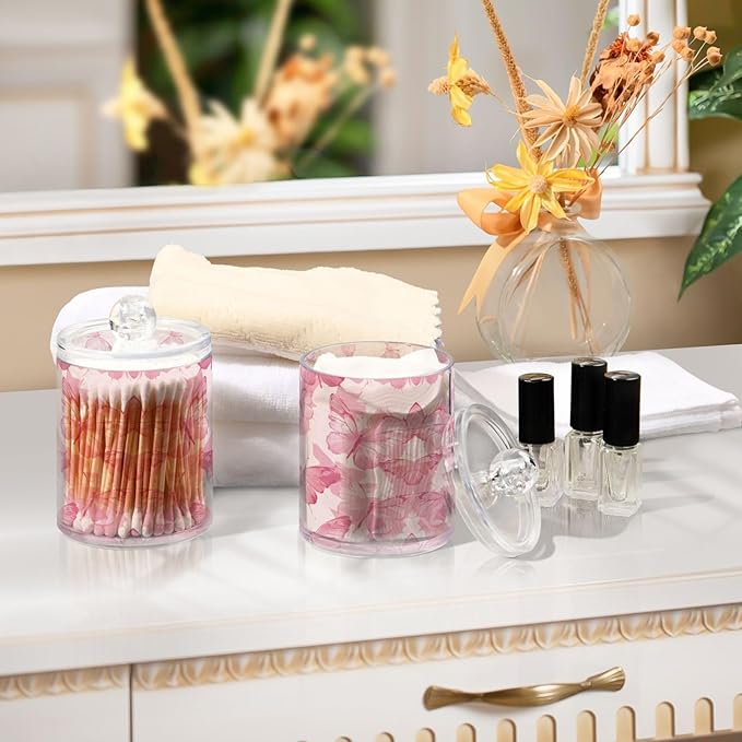 2 Pack Pink Butterflies Apothecary Jars with Lid, Qtip Holder Storage Containers for Cotton Ball, Swabs, Pads, Clear Plastic Canisters for Bathroom Vanity Organization (10 Oz)