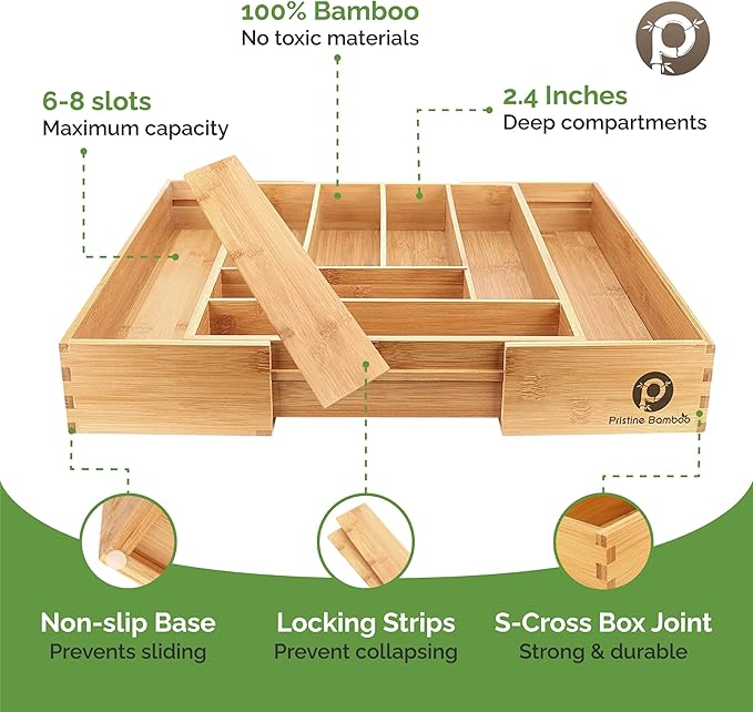 Pristine Bamboo Silverware Tray for Drawer Organizer,Kitchen Drawer Organizer,Cutlery Organizer in Drawer, Flatware Silverware Holder, Expandable Adjustable Wooden Dividers (8-slots)