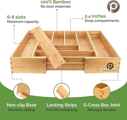 Pristine Bamboo Silverware Tray for Drawer Organizer,Kitchen Drawer Organizer,Cutlery Organizer in Drawer, Flatware Silverware Holder, Expandable Adjustable Wooden Dividers (8-slots)