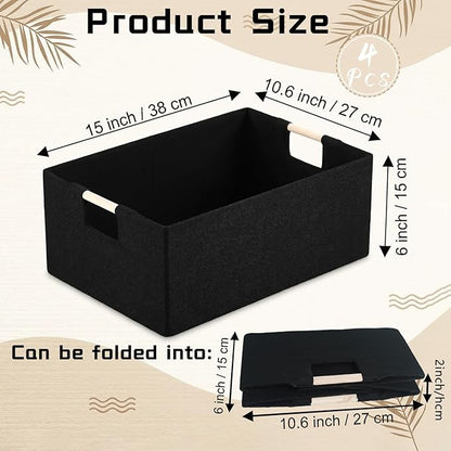4 Pcs Fabric Storage Bins with Handle Black Collapsible Shelves Storage Basket Rectangle Wardrobe Organizer for Closet Shelves Sorting Toy and Clothes(15 x 10.6 x 6 Inch)