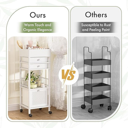 Amazer Bamboo Makeup Organizer Cart with 3 Drawers, Floor Skin Care Storage for Bathroom Bedroom, Rolling Vanity Organizer Cart for Cosmetic, Nail Polish, Perfume and Hair Tools, White