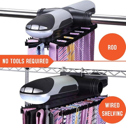 Motorized Tie Rack Closet Organizer with LED Lights Includes J Hooks for Wired Shelving Stores Up to 72 Ties & 8 Belts Operates with Batteries