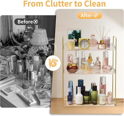 Bathroom Countertop Organizer, 3 Tier Acrylic Tray Vanity Counter Skincare Organizer Shelf, Kitchen Under Sink Standing Rack, Home Storage Holder for Lotion Makeup Cosmetics Perfume Spice, Gold | Vanity Counter, Kitchen Under Sink, Home Storage Holder,...