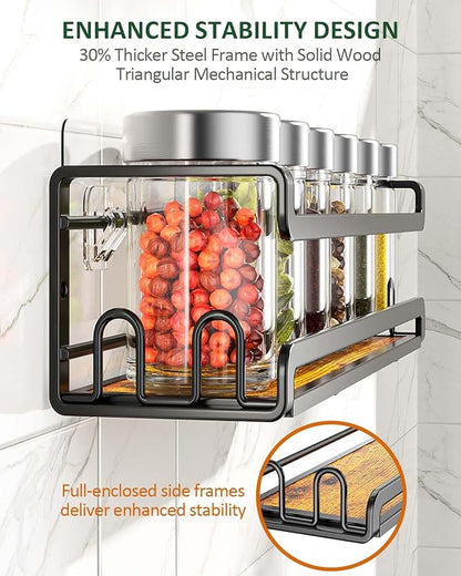 Doakhirmit Wall Mounted Spice Rack with 16 Hooks, Rustic Wood Spice Organizer Shelf for Stove Cabinet Pantry Door,Screw or Adhesive Hanging Spice Shelf,Wall Spice Rack in Kitchen and RV,2 Pack