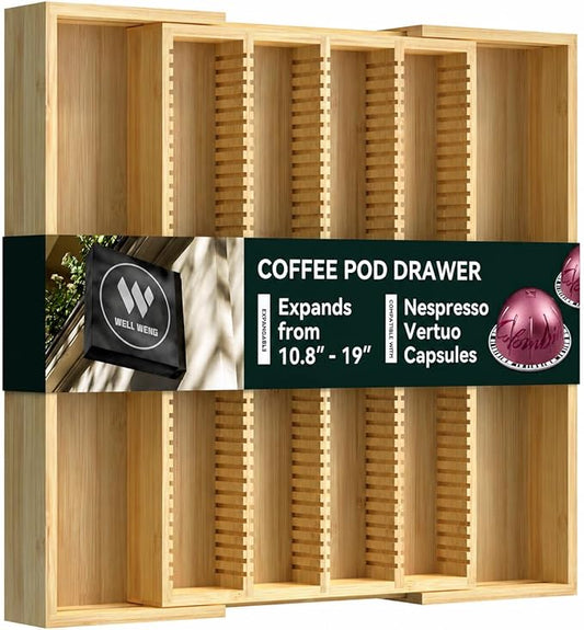 Larger Expandable Bamboo Organizer Holder for Counter Drawer Insert - Compatible with Nespresso Vertuo Capsules - Tea Bags Storage (Natural) 10.8" -19"W x15.67"Dx1.9"H