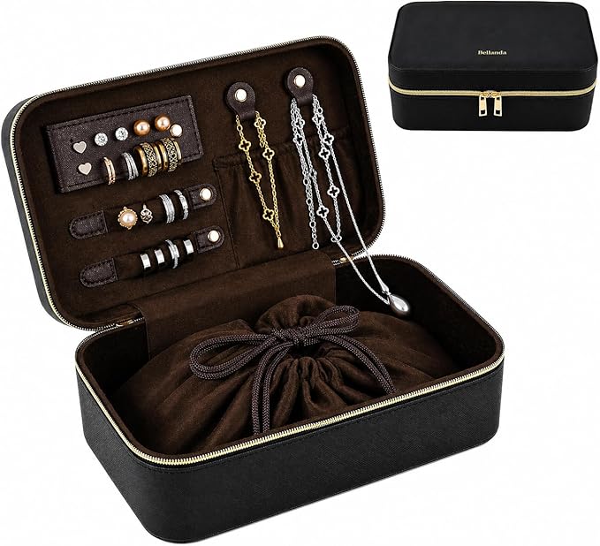 Travel Jewelry Organizer Case for Women Girls, Small Portable Jewelry Box with Compartments, Drawstring Pouch, Waterproof PU Leather Storage for Rings Earrings Necklace Bracelet, Mom Wife Gift – Black