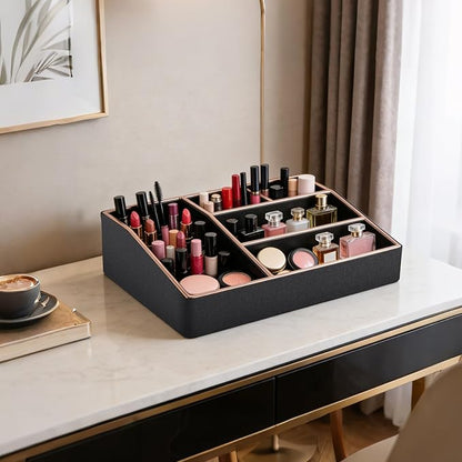 PU Leather Makeup Organizer Tray,Large Vanity Organizer,Cosmetic Storage Box for Lipstick Brushes Skincare Perfume,Cosmetic Display Case Rose Gold-trimmed for Dresser,Bathroom Countertop(Black)
