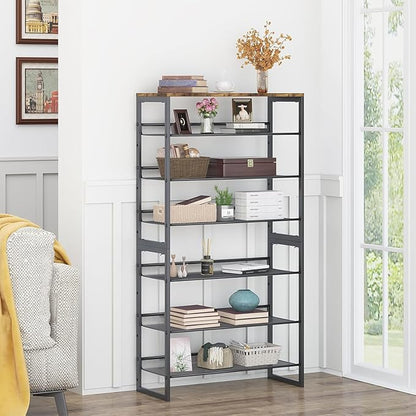Garden 4 you Shoe Rack for Entryway 7 Tiers 11.8" D x 29" W x 52" H, Metal Shoe Rocks with Brown Wooden Tabletop, Angled Shoes Rack with Adjustable Mesh Shelves for Entryway Hallway Closet