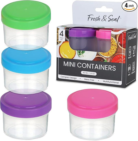 Condiment Containers with Screw Lids (4-Piece) - Reusable Leakproof Salad Dressing Containers to go - Small Mini Food Storage Cups for Lunch, Dishwasher Friendly, 1.4-Ounce