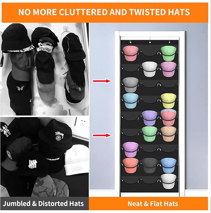 Hat Rack for Baseball Caps, 27 Pockets Over The Door Baseball Hat Organizer, Fitted Hat Storage for Closet Wall Mount Bag With Large Pockets & 3 Hooks, Hat Holder Hanger Organization to Display Caps