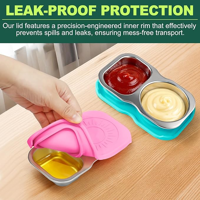 4-Pack Stainless Steel Snack Containers with Lid, Salad Dressing Container To Go, 5.3Oz 2-Compartment Small Condiment Container with Leak Proof Silicone Lid, Perfect Size Reusable Sauce Cup Snack Box