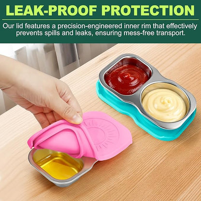 4-Pack Stainless Steel Snack Containers with Lid, Salad Dressing Container To Go, 5.3Oz 2-Compartment Small Condiment Container with Leak Proof Silicone Lid, Perfect Size Reusable Sauce Cup Snack Box