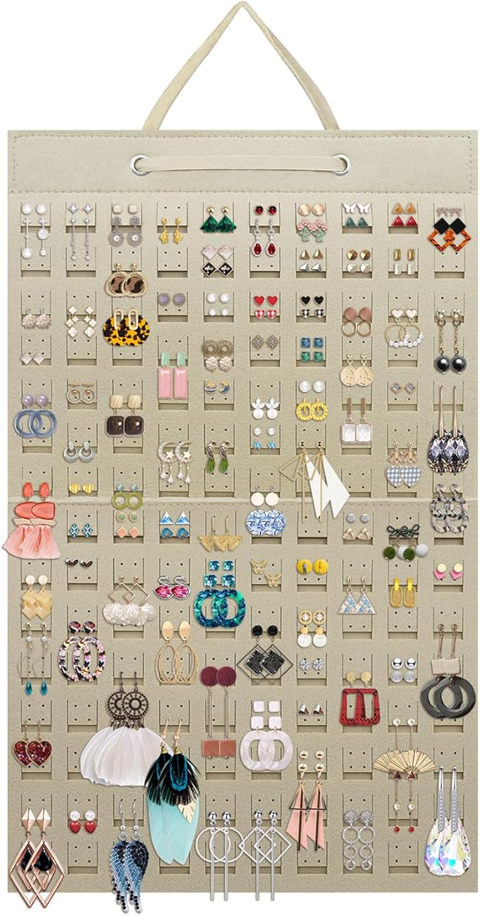 Earrings Organizer, Hanging Earring Holder Holds Up to 300 Pairs, Stud Earring Organizer Large Capacity Storage Earring Hanger, Earring Display Holder Brooch Pin Organizer for Women Girls-Beige