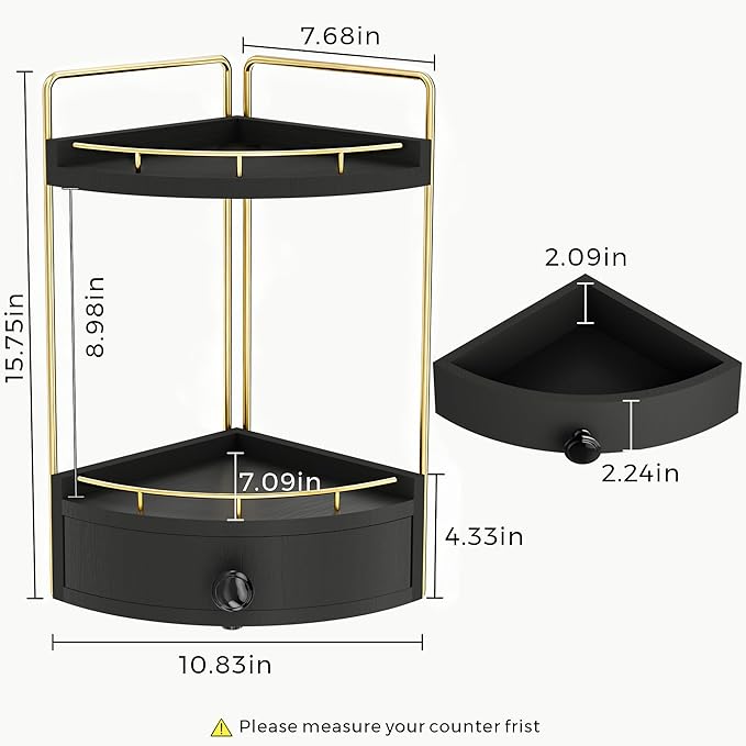2-Tier Corner Bathroom Counter Organizer with Drawer & Embedded Screw Holes - Wooden Countertop Organizers for Skincare, Makeup Storage, Bathroom Sink Counter Shelf for Vanity, kitchen, Black Gold