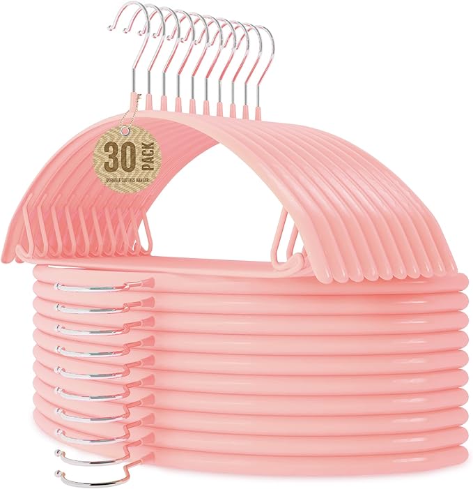 Jiang&Rong 30 Pack 16 Inch Rubber-Coated Non-Slip Metal Hangers - Heavy Duty No Bump Closet Hangers for Coats, Shirts, Suits, Sweaters (30-Pack, Pink)