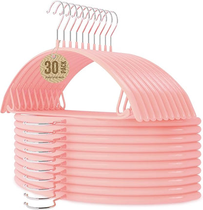 Jiang&Rong 30 Pack 16 Inch Rubber-Coated Non-Slip Metal Hangers - Heavy Duty No Bump Closet Hangers for Coats, Shirts, Suits, Sweaters (30-Pack, Pink)