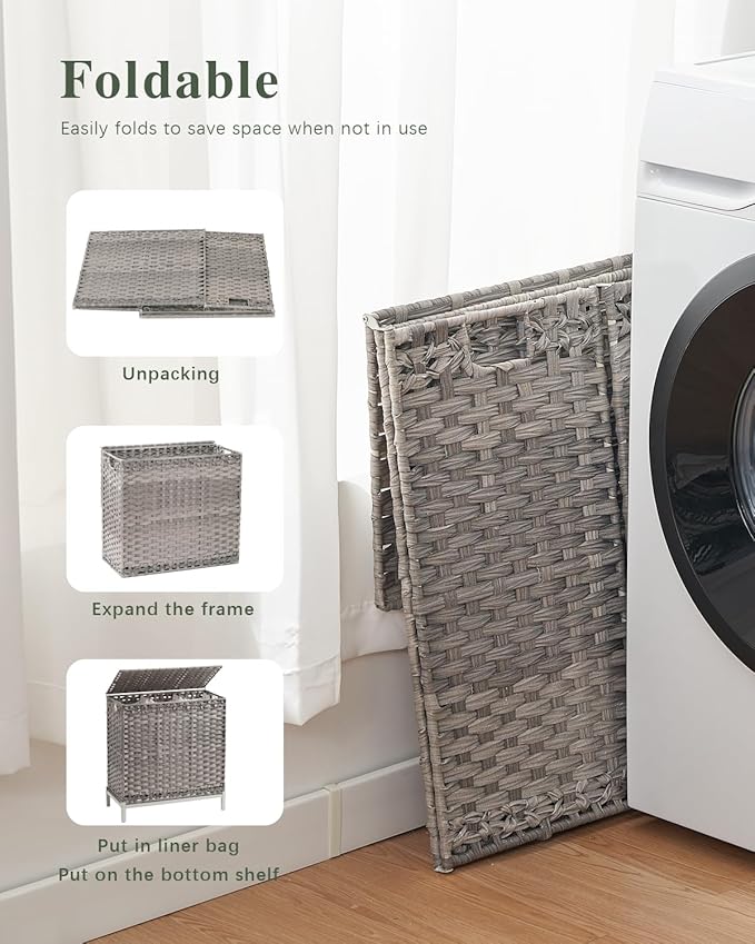 SETVSON Laundry Hamper with Lid 132 L, (35 Gallons) Clothes Hamper with Lid, Handwoven Rattan Laundry Hamper with Metal Heightened Feet, Laundry Hampers with 3 Removable Liner Bags for Laundry-Gray