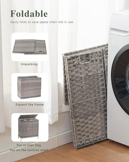 SETVSON Laundry Hamper with Lid 132 L, (35 Gallons) Clothes Hamper with Lid, Handwoven Rattan Laundry Hamper with Metal Heightened Feet, Laundry Hampers with 3 Removable Liner Bags for Laundry-Gray