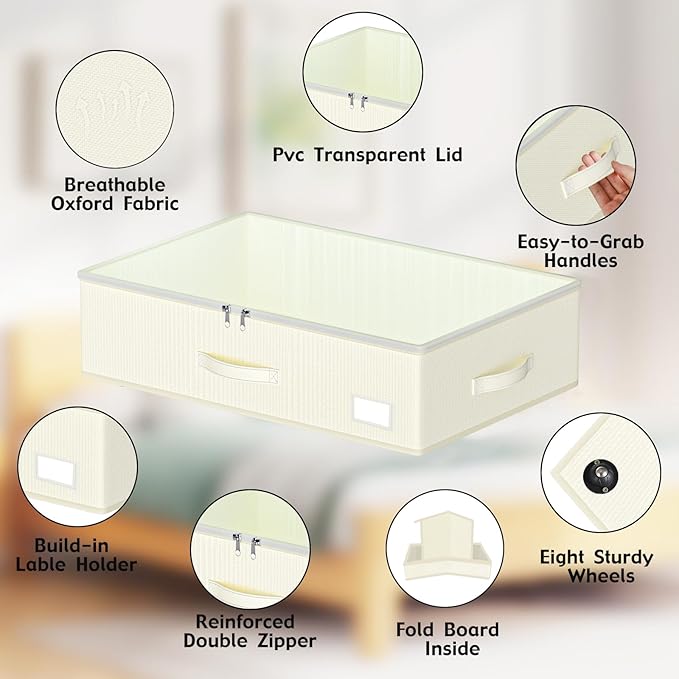 EE-RoomWorld Under Bed Storage with Wheels, No Assemble Required 7.5 inches height Under Bed Storage bins,Large capacity Rolling Underbed Shoe Storage containers，dorm underbed storage drawers
