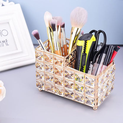 K COOL Crystal Makeup Brush Holder 2 Slot Hexagon Cosmetics Brush Eyeliner Display Cup Home Decorative Makeup Organizer Tabletop Candle Pen Pencil Holder for Office Hotel Dresser Bathroom-Gold