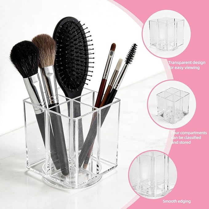 Acrylic Makeup Brush Holder, Clear Rotating Makeup Brush Holder Organizer with 4 Slots, Square Makeup Brush Cup for Vanity Desk Countertop Bathroom
