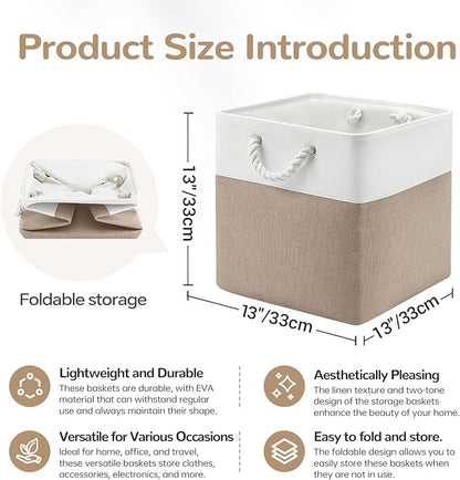 13 x 13 Inch Cube Storage Bins, 6 Pack Fabric Storage Basket with Handles, Foldable Boxes Organizer for Shelf Baskets for Home, Clothes (White/Khaki)
