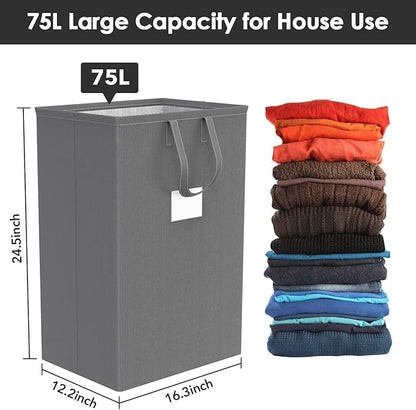 75L Large Laundry Hamper with Handles, Dirty Clothes Hamper for Bedroom Waterproof, Freestanding Tall Laundry Basket Waterproof, Hamper for Bedroom, Bathroom, Dorm, Toys Storage(Grey）