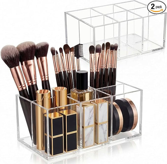 Zhehao 2 Pack Clear Acrylic Makeup Brush Holder Organizer, 6-slot Cosmetic Storage Organizer Pencil Holder for Vanity, Countertop & Desk, Transparent Makeup Brush Stand for Brushes, Lipsticks & Pens