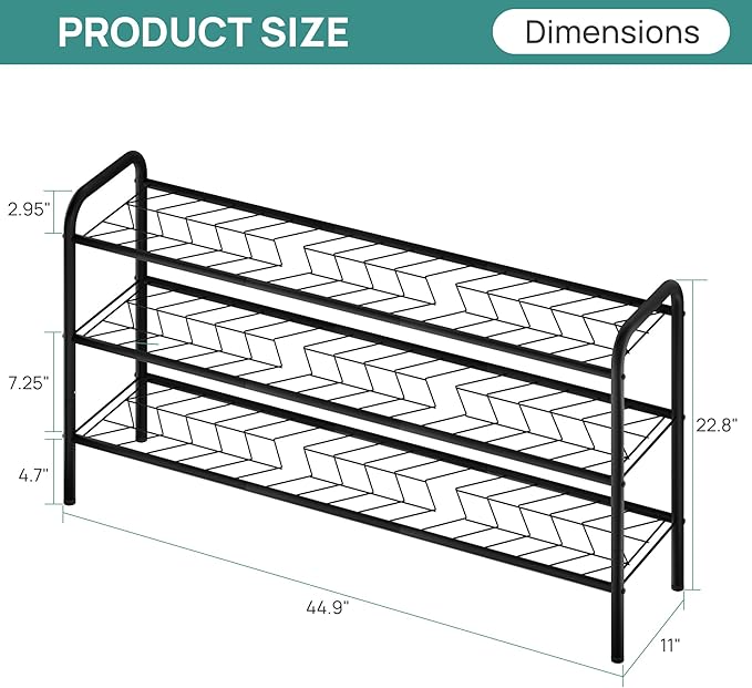 viewcare Long Shoe Rack for Closet, 3-Tier Extra Long Shoe Rack for Entryway & Garage, Sturdy Metal Construction, Shoe Organizer Holds 15-18 Pairs
