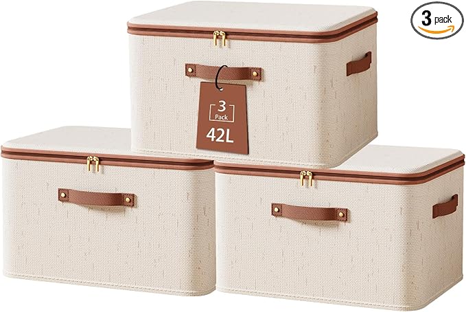 Tuza 3 Pcs Rigid Storage Bins with Zipper Lid, Cotton Linen Fabric Storage Boxes, Foldable Shelves Clothes Storage Cubes with Handles for Wardrobe, Closet(Beige, 42L)